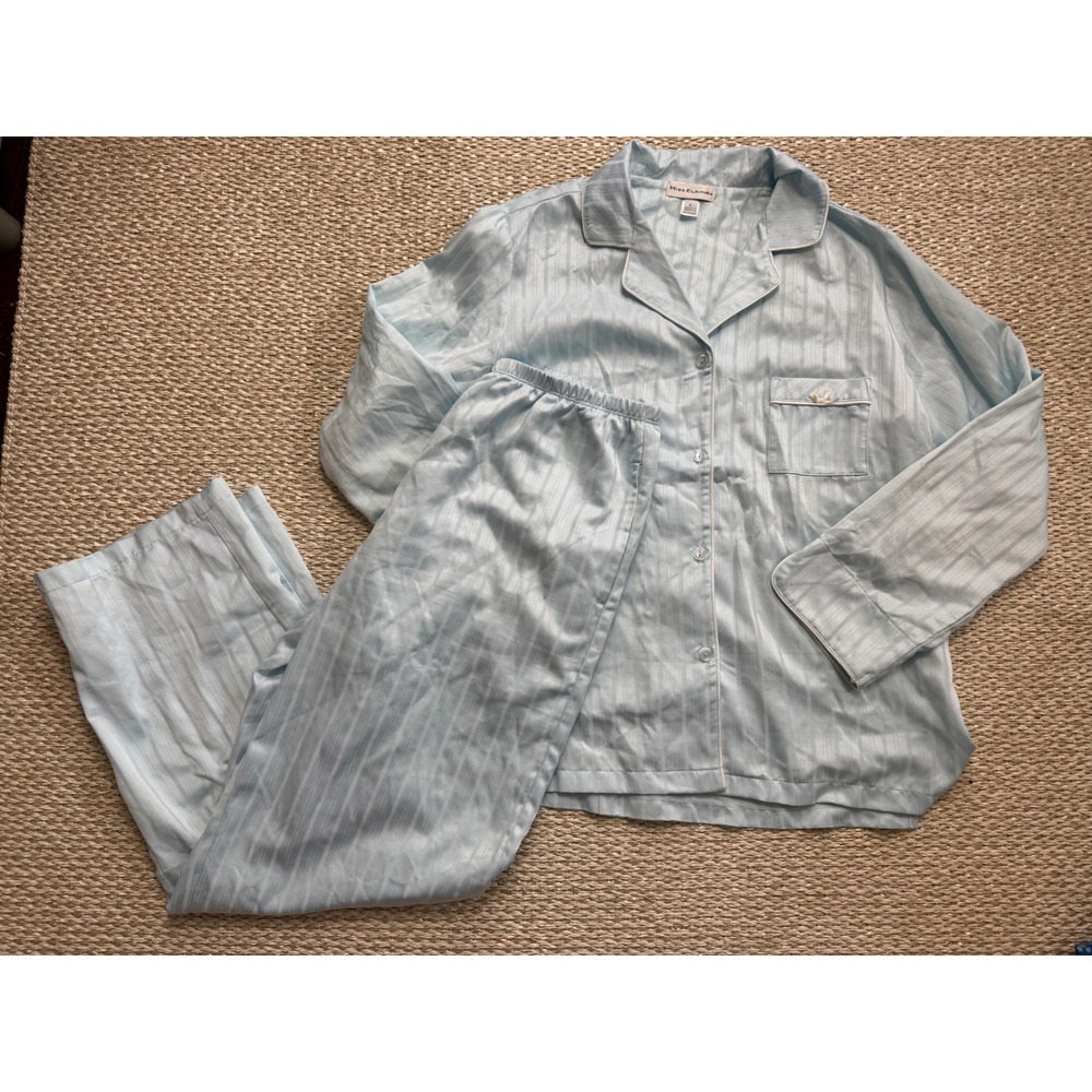 Miss Elaine Pajama Set Womens Small Blue Striped Satin Button Front Long Sleeve‎